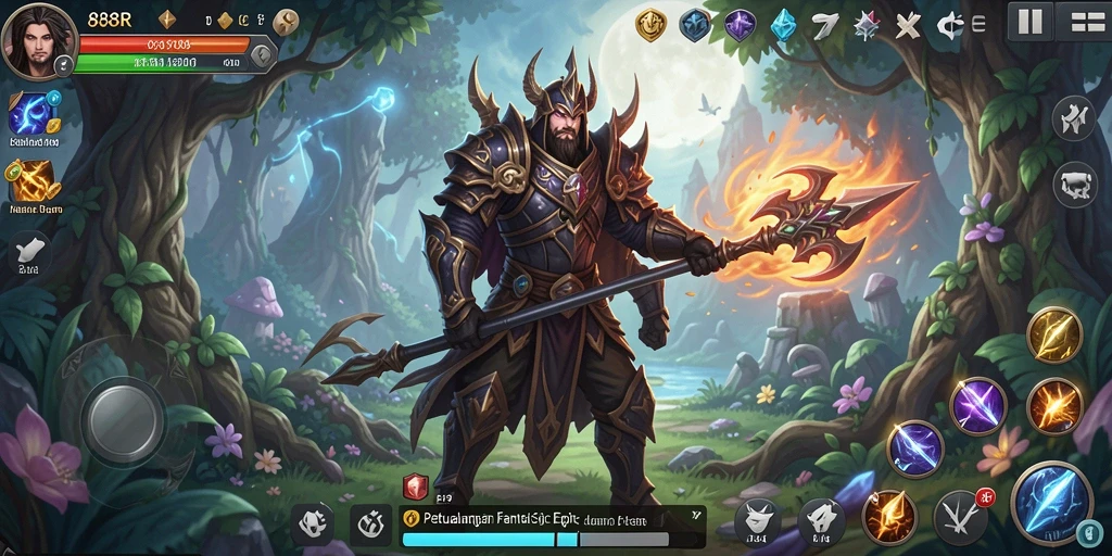 Screenshot gameplay RPG 888R menampilkan pertarungan epik dan eksplorasi dunia fantasi.