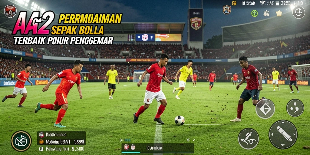 Screenshot gameplay AA62 menampilkan aksi seru dalam permainan sepak bola.