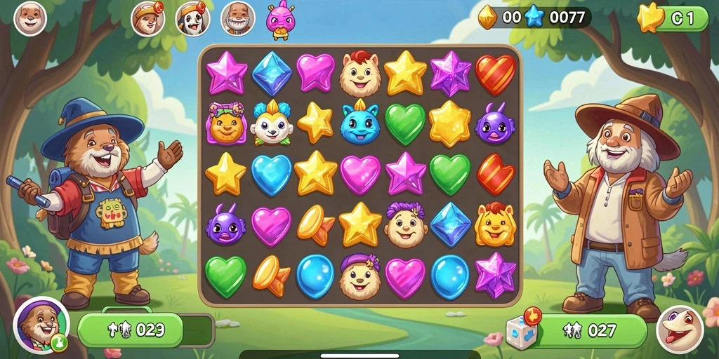 Screenshot gameplay COO77 menampilkan aksi mencocokkan elemen Match-3 yang seru.
