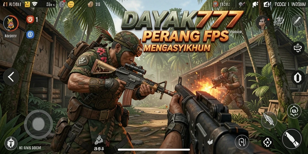 Tampilan gameplay DAYAK777 dengan aksi menembak yang intens.