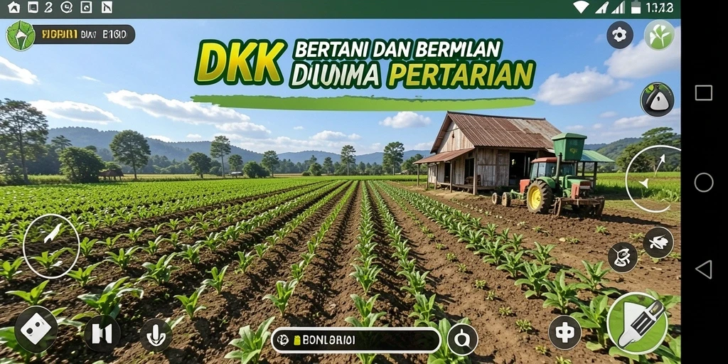 Screenshot gameplay DKK menunjukkan lahan pertanian yang indah dan penuh warna.