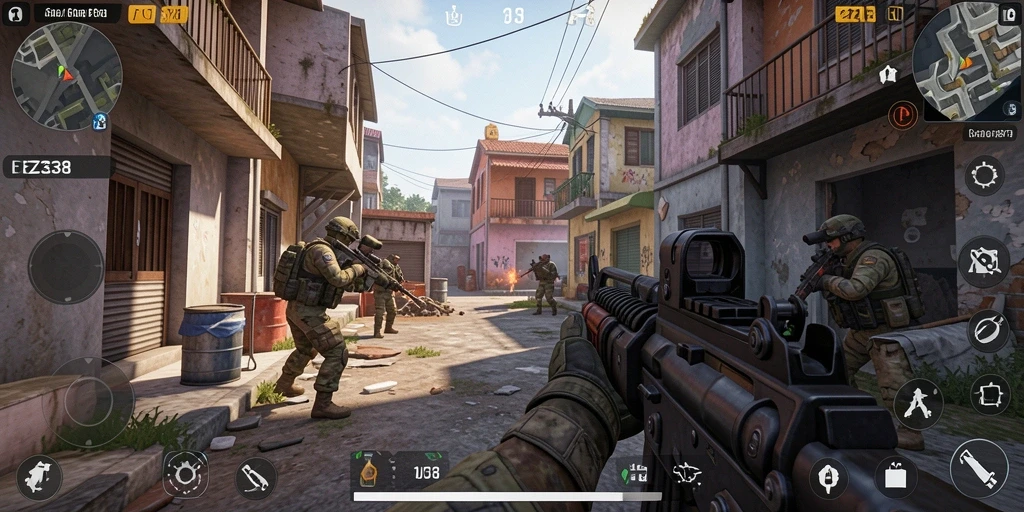Tampilan gameplay menegangkan dari EZ338 di medan perang.