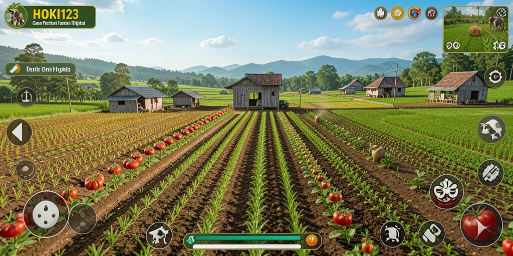 Tampilan gameplay HOKI123 menunjukkan ladang yang subur dan aktif.