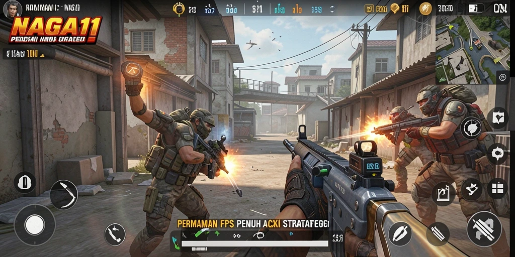 Tampilan gameplay NAGA11 dengan aksi tembak menembak yang intens.