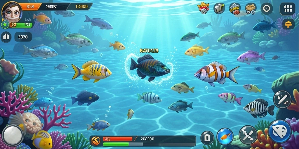 Screenshot utama RATU123 menampilkan aksi menembak ikan yang seru.