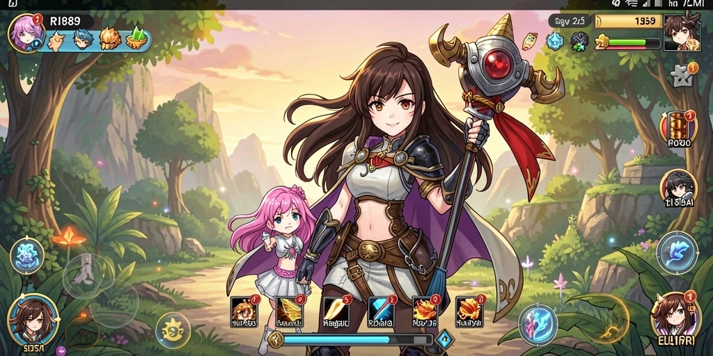 Screenshot gameplay RI889 dengan karakter anime yang menarik dan grafis memukau.