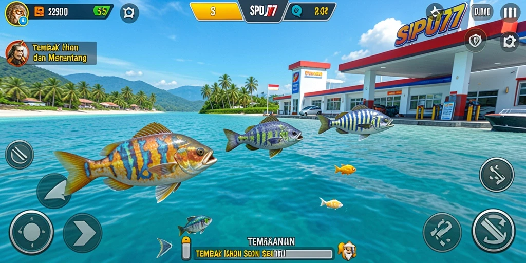 Tampilan gameplay <strong>SPBU77</strong> menampilkan aksi menarik menangkap ikan.