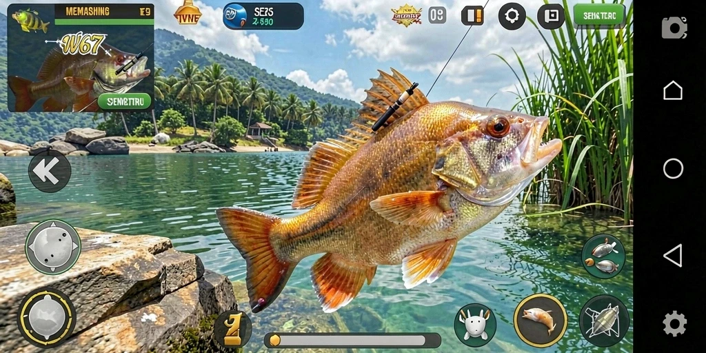 Gameplay seru W67 dengan berbagai jenis ikan yang menunggu untuk ditangkap.