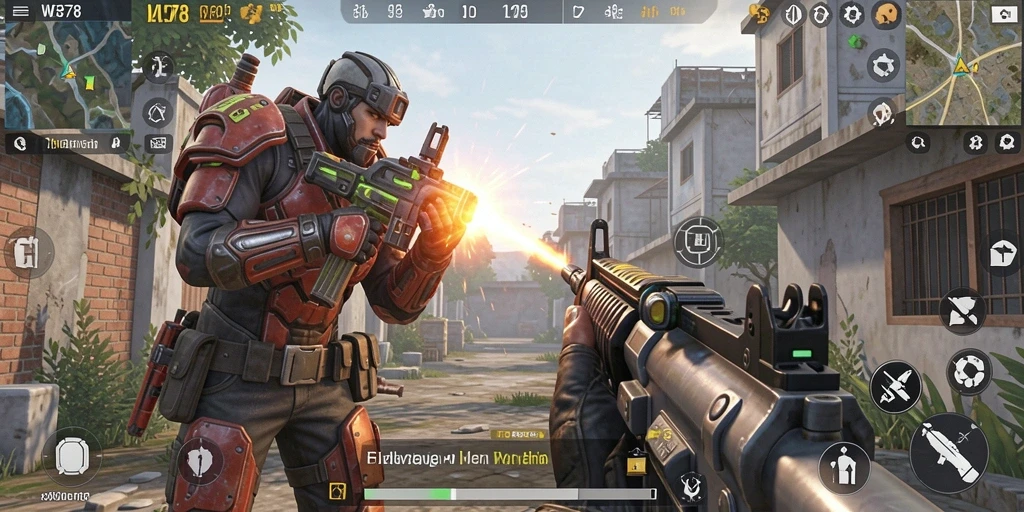 Screenshot gameplay WE878 menampilkan aksi menembak yang intens.