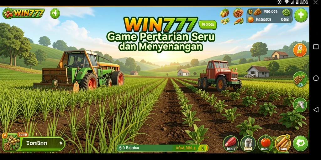 Screenshot gameplay WIN777 menampilkan kebun yang subur dan hewan ternak.
