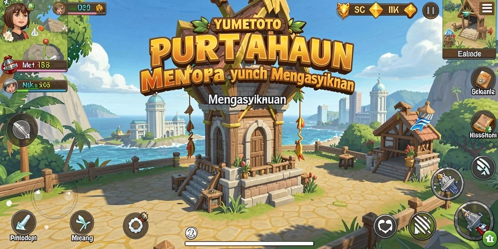Screenshot gameplay YUMETOTO yang menunjukkan aksi menara pertahanan.